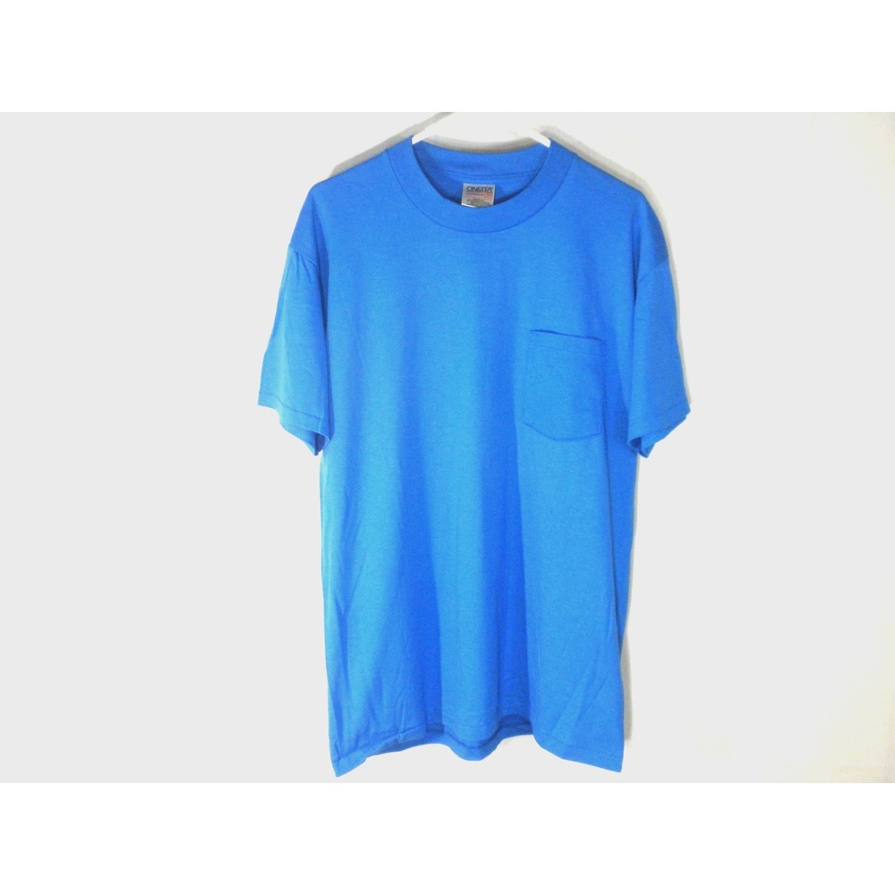 Vtg Oneita Pocket‎ T-shirt L Blue Blank Power 50 Short Sleeve Single Stitch USA